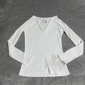 Y2K LEI Top Juniors Large White Long Sleeve V Neck Heart Sequin Casual Ribbed